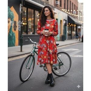 VANESSA SCOTT Red Floral Asymmetrical‎ Hem Dress